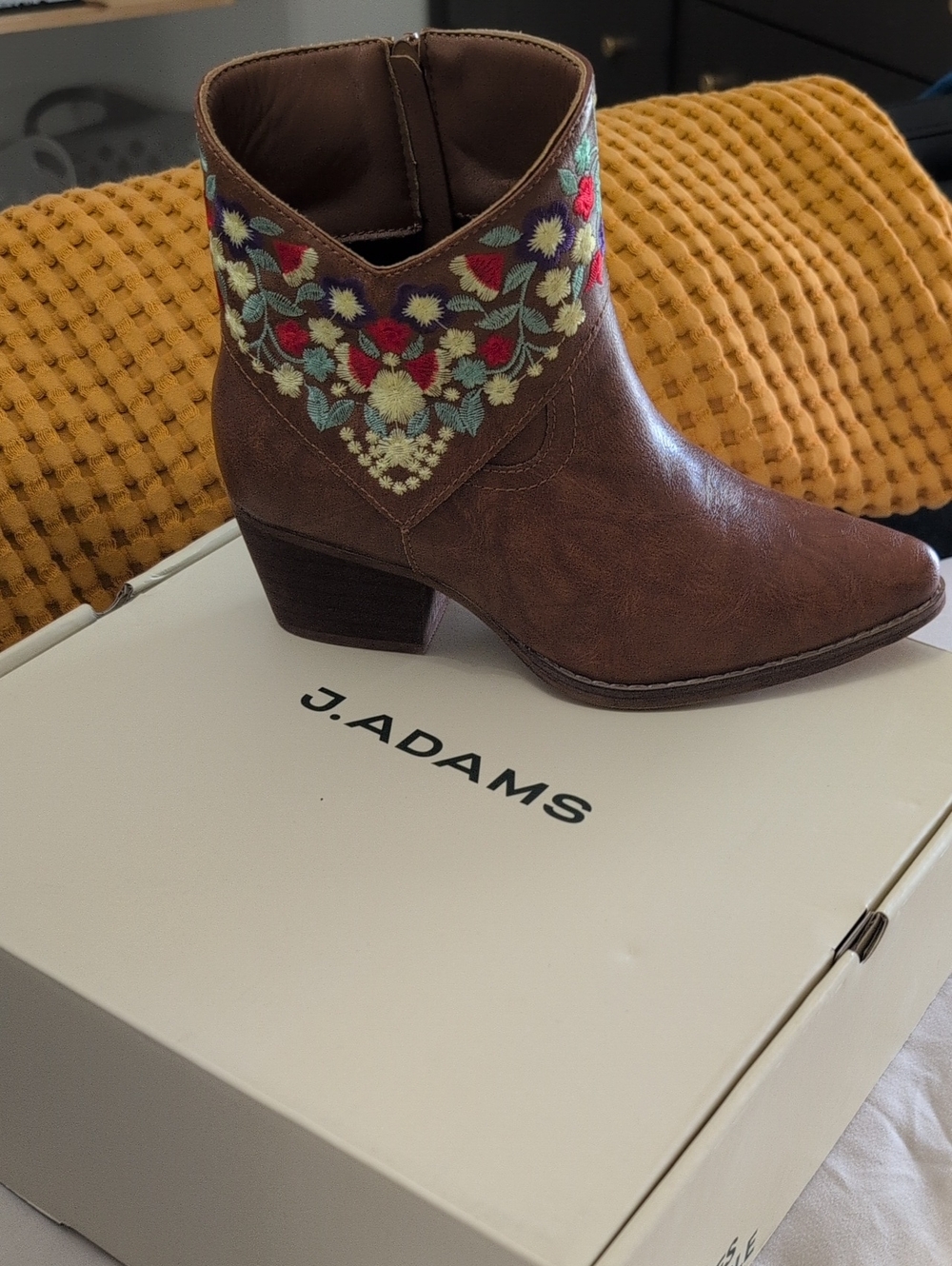 Adams Brown Ankle Boots with Multicolor Floral Embroidery